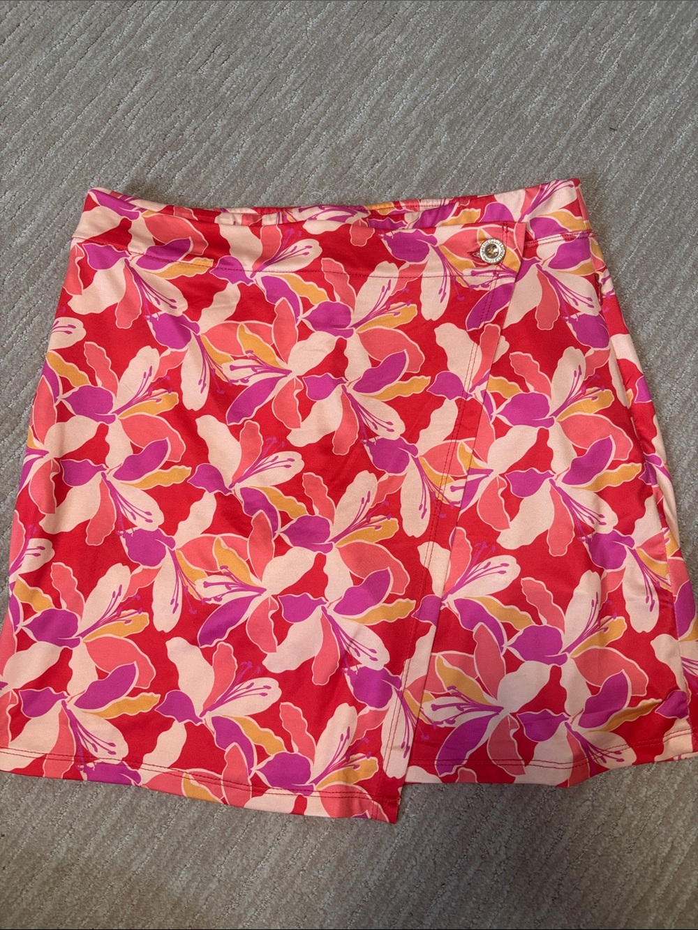 Vibrant Pink & Red Floral Mini Skirt with Side Button